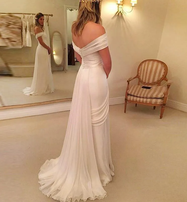 A-Line Off-the-Shoulder Wedding Dress,Long Chiffon Beach Wedding Dress with Lace Split N123