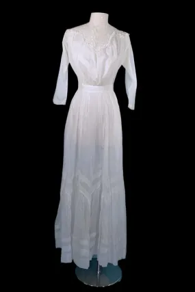 Antique 1900's Edwardian White Cotton Lace Victorian Lawn Dress, Vintage Wedding Dress XS