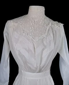 Antique 1900's Edwardian White Cotton Lace Victorian Lawn Dress, Vintage Wedding Dress XS