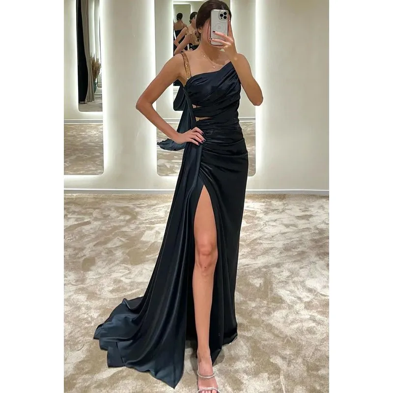 Asymmetrical Ruched Cut Outs Satin Sheath Long Prom Evening Gown