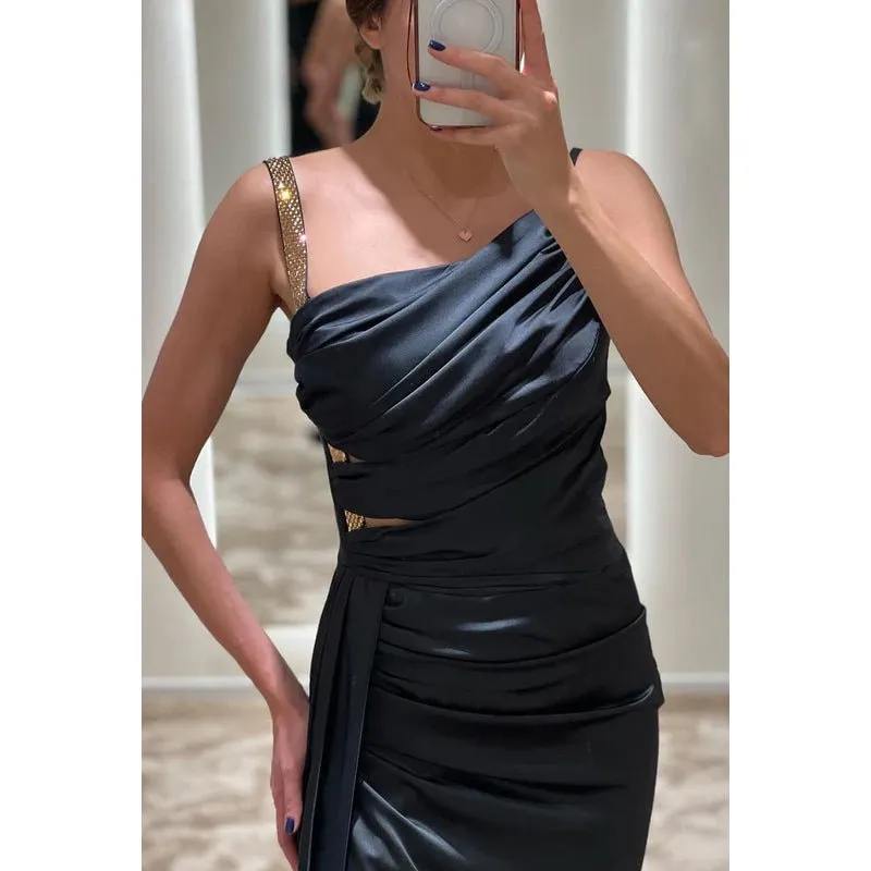 Asymmetrical Ruched Cut Outs Satin Sheath Long Prom Evening Gown