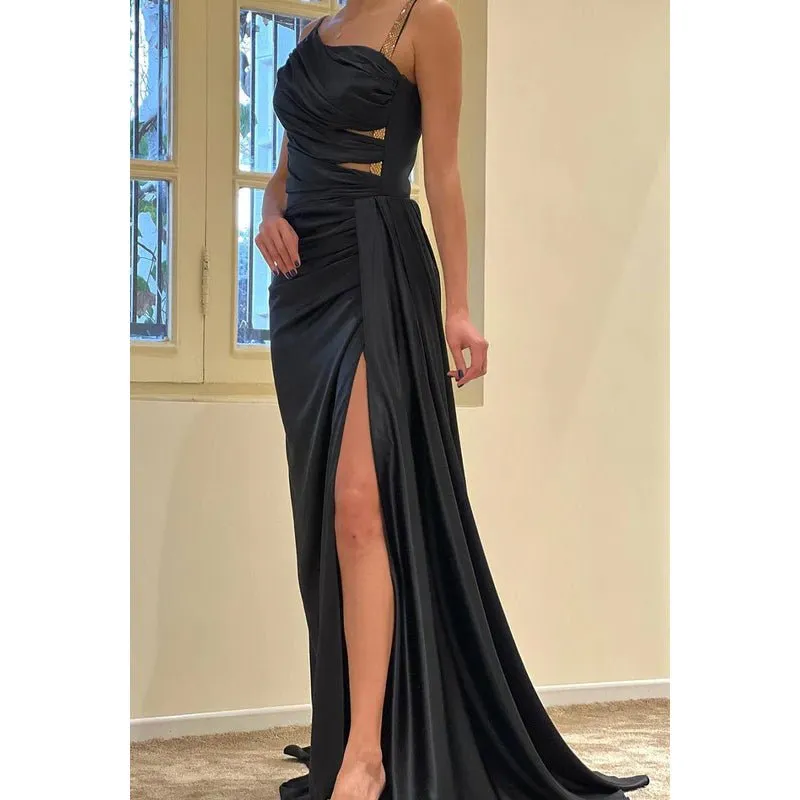 Asymmetrical Ruched Cut Outs Satin Sheath Long Prom Evening Gown