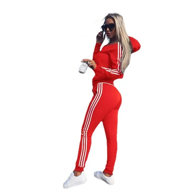 Autumn Women’s Striped Colorblock Hoodie & Cuffed Pants Set – Zipper Fly Sporty Streetwear Sweatpants Suit