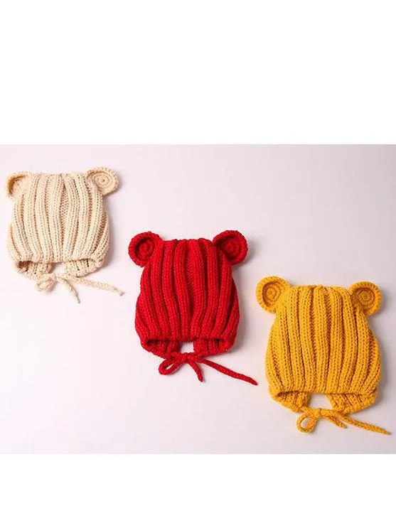 Baby Cute Bear Ear Pattern Crochet Earflap Hat