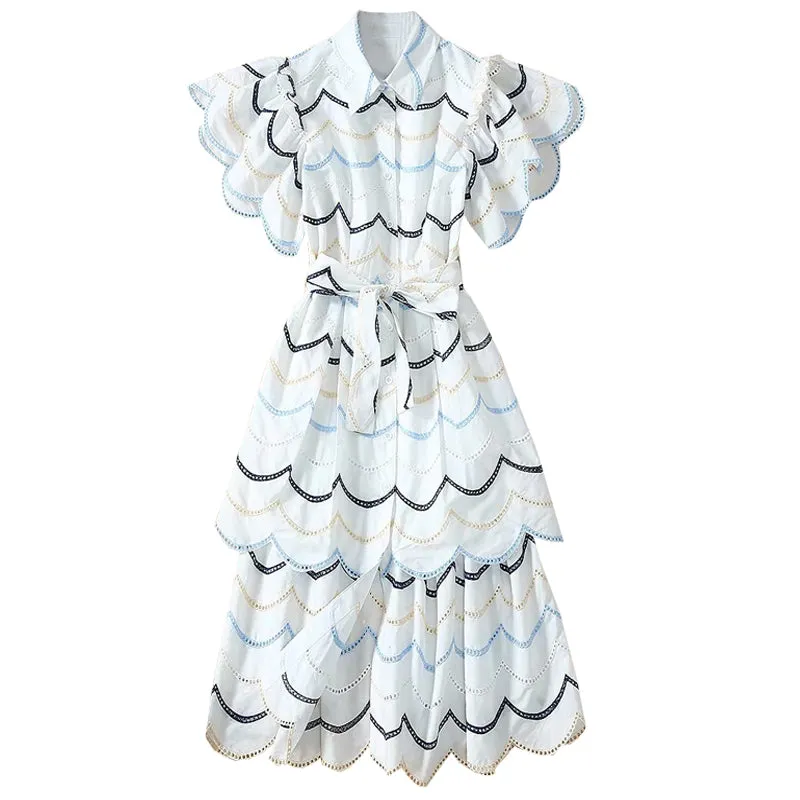 BBL DESIGN FRILL LAYERED MIDI SHIRT DRESS IN PRINT