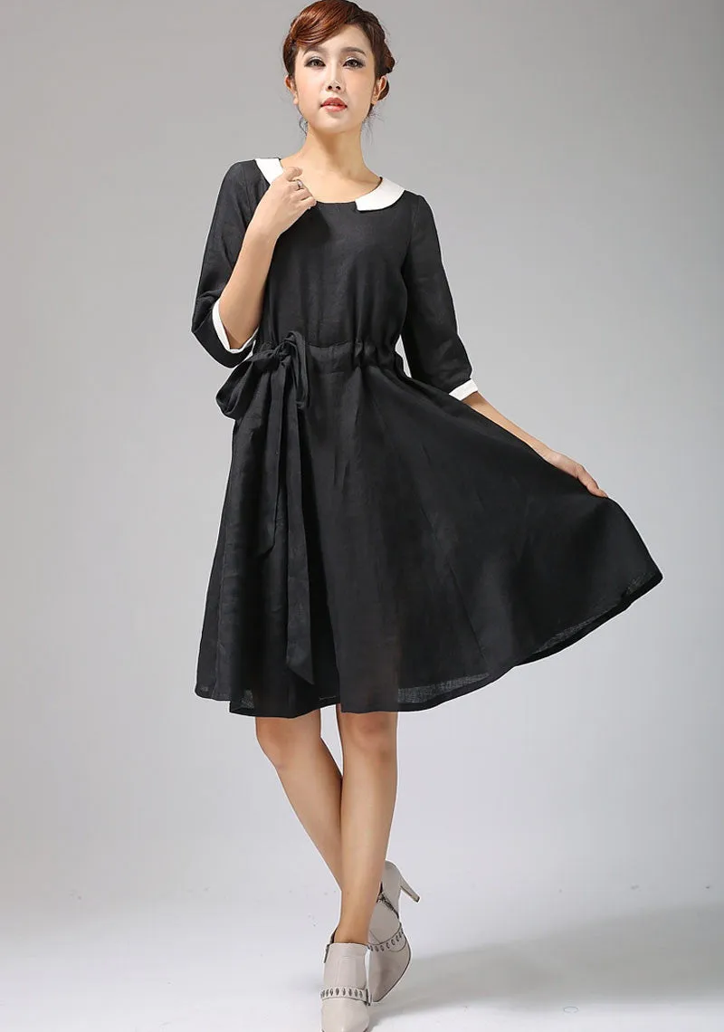 Black linen dress with collar and elbow length sleeves 697#