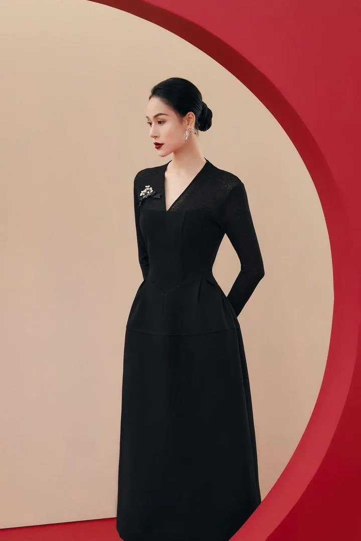 Black twill midi long sleeve dress-RUE
