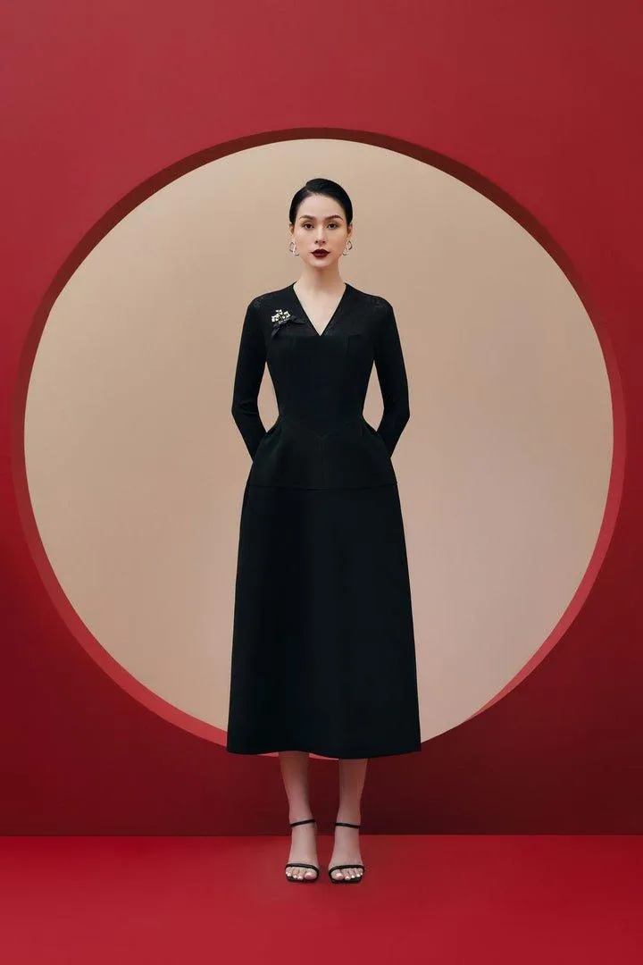Black twill midi long sleeve dress-RUE