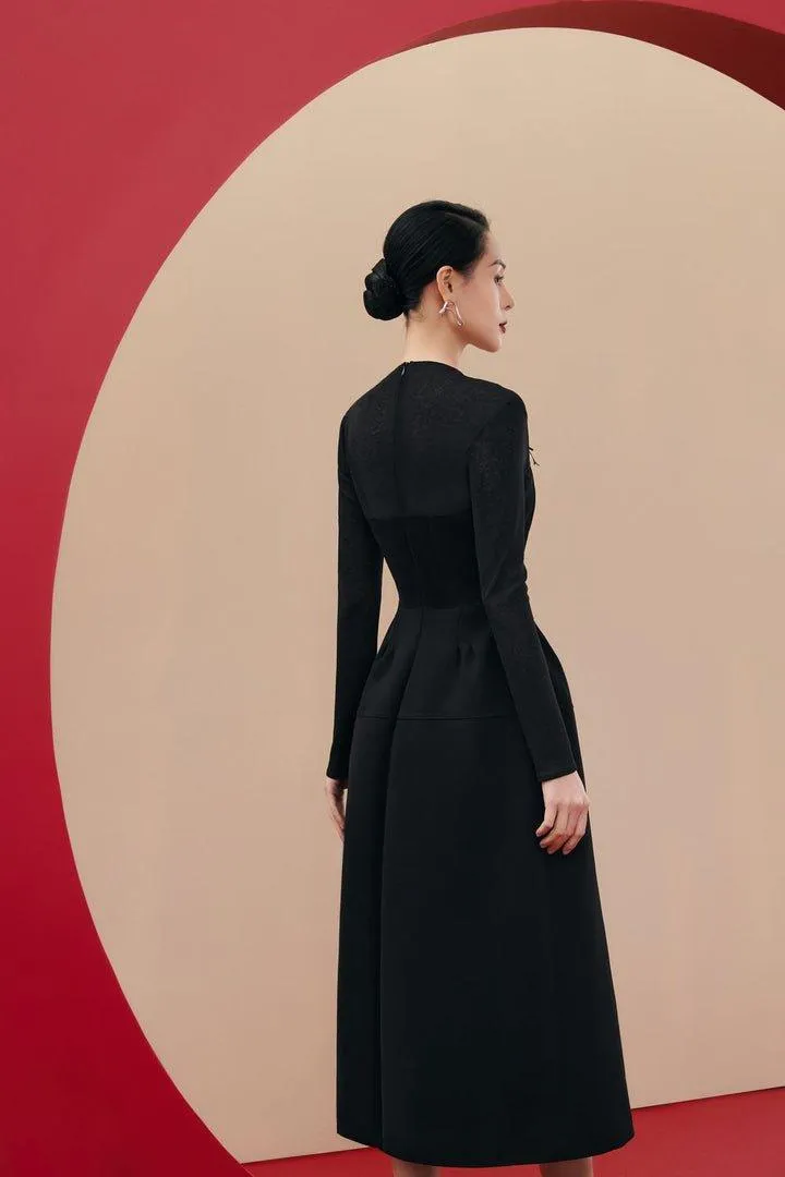 Black twill midi long sleeve dress-RUE