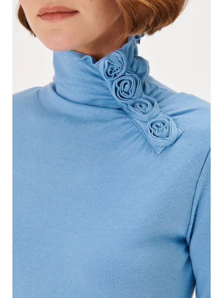 Blue Half Turtleneck Knitwear Sweater with Rose Detail