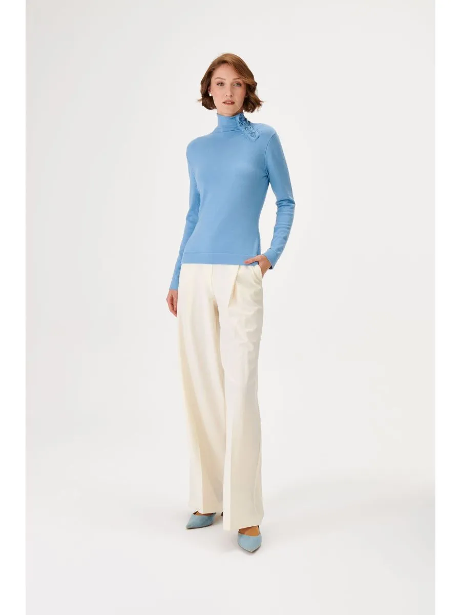 Blue Half Turtleneck Knitwear Sweater with Rose Detail