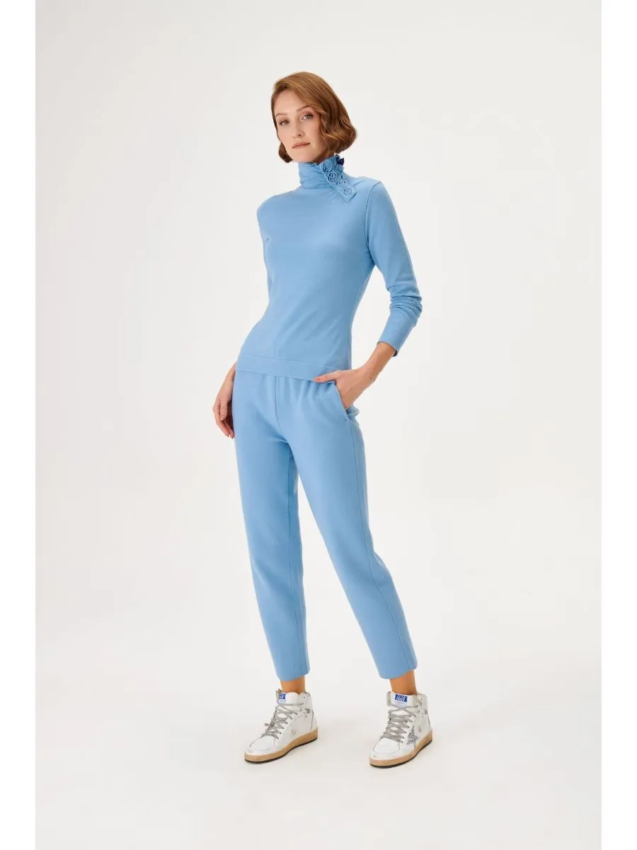 Blue Half Turtleneck Knitwear Sweater with Rose Detail