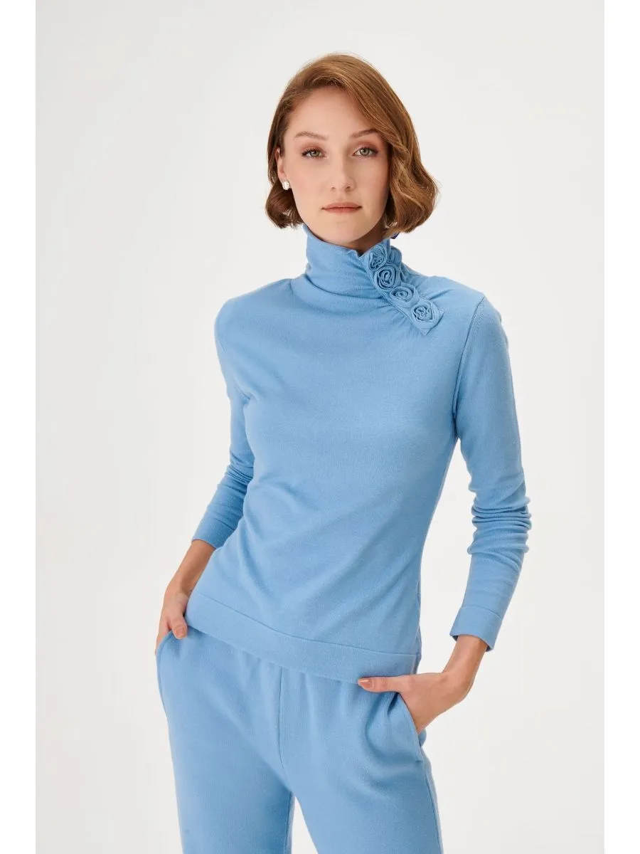 Blue Half Turtleneck Knitwear Sweater with Rose Detail