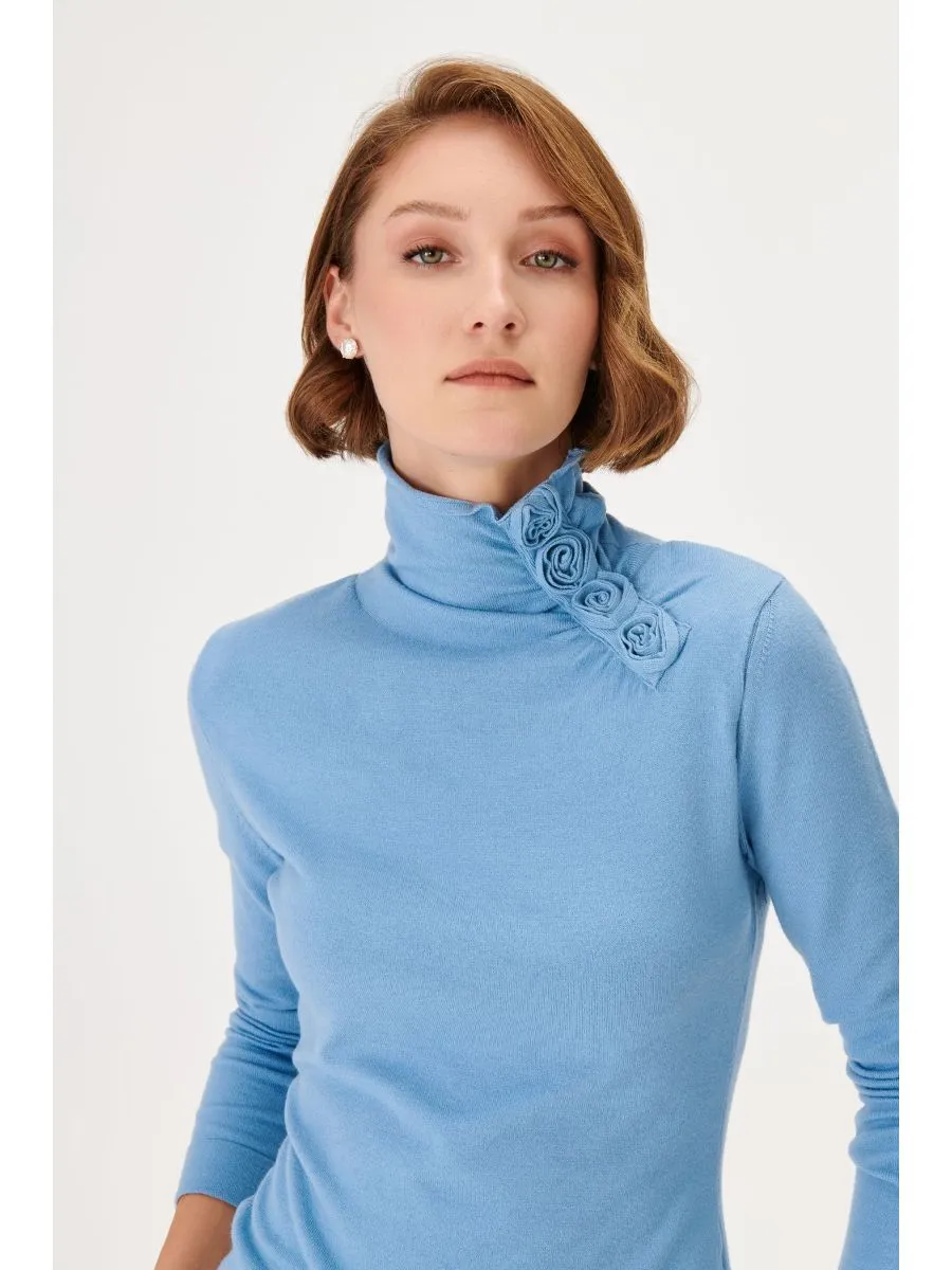 Blue Half Turtleneck Knitwear Sweater with Rose Detail