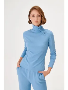 Blue Half Turtleneck Knitwear Sweater with Rose Detail