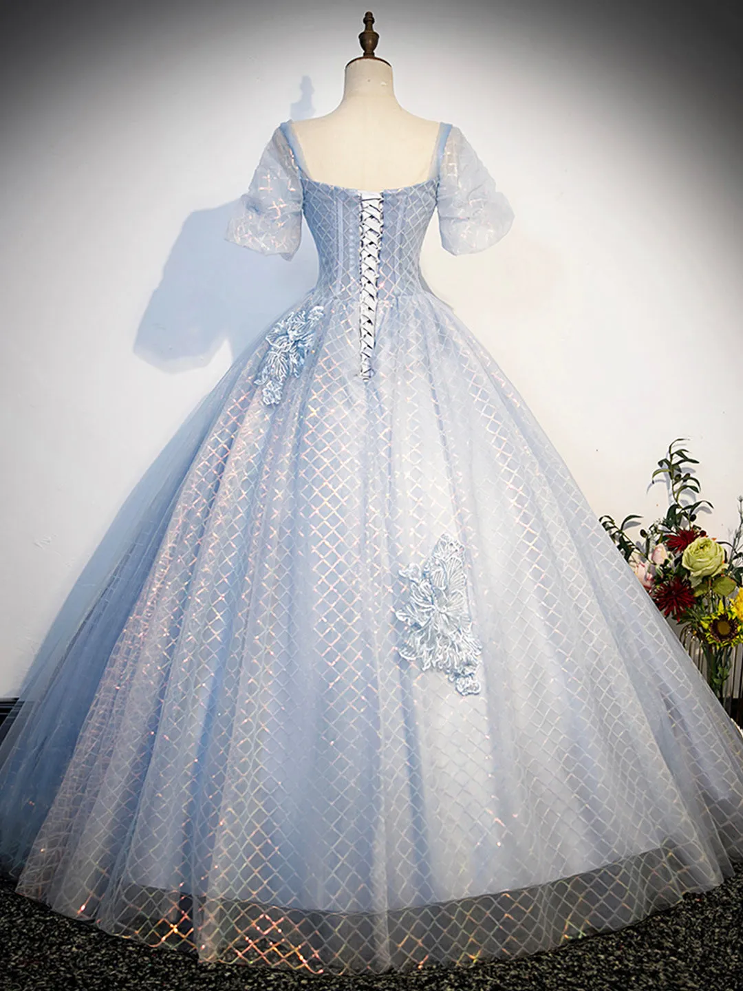 Blue Tulle Lace Long Prom Dress, Shiny A-Line Short Sleeve Evening Dress