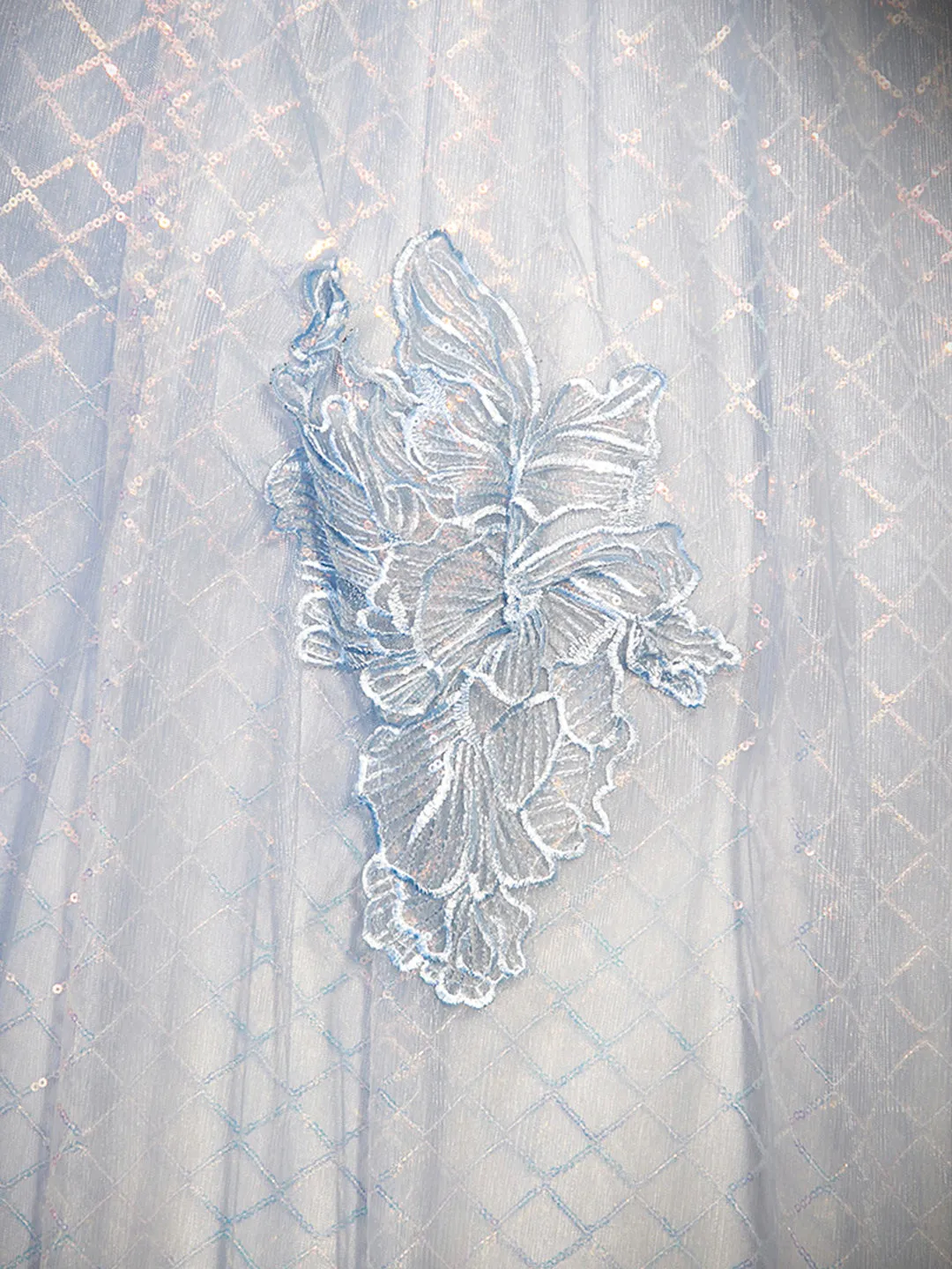Blue Tulle Lace Long Prom Dress, Shiny A-Line Short Sleeve Evening Dress