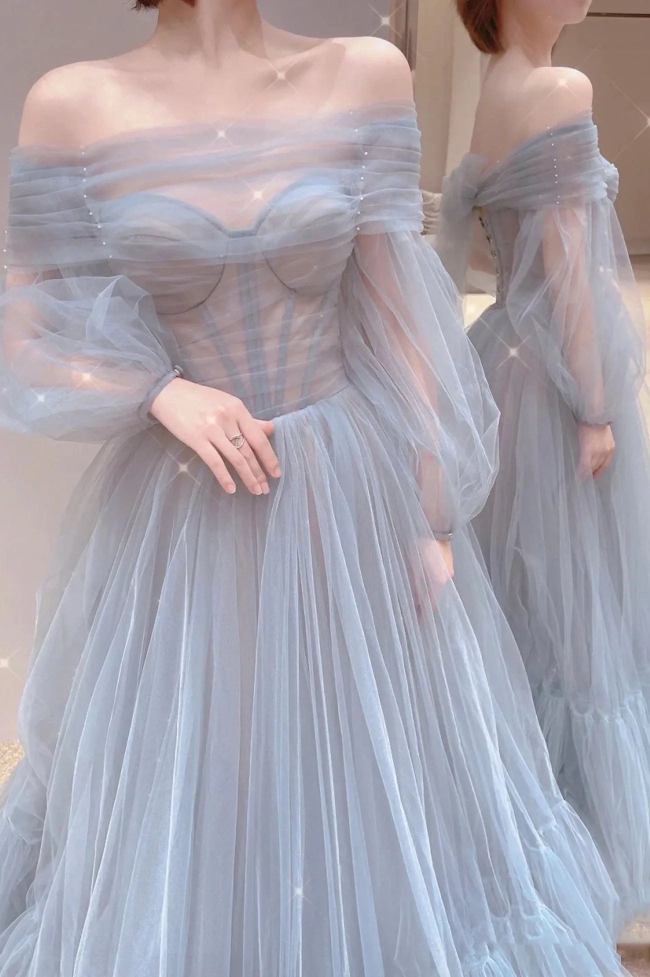Blue Tulle Long Prom Dress, Beautiful Long Sleeve Tulle Evening Dress