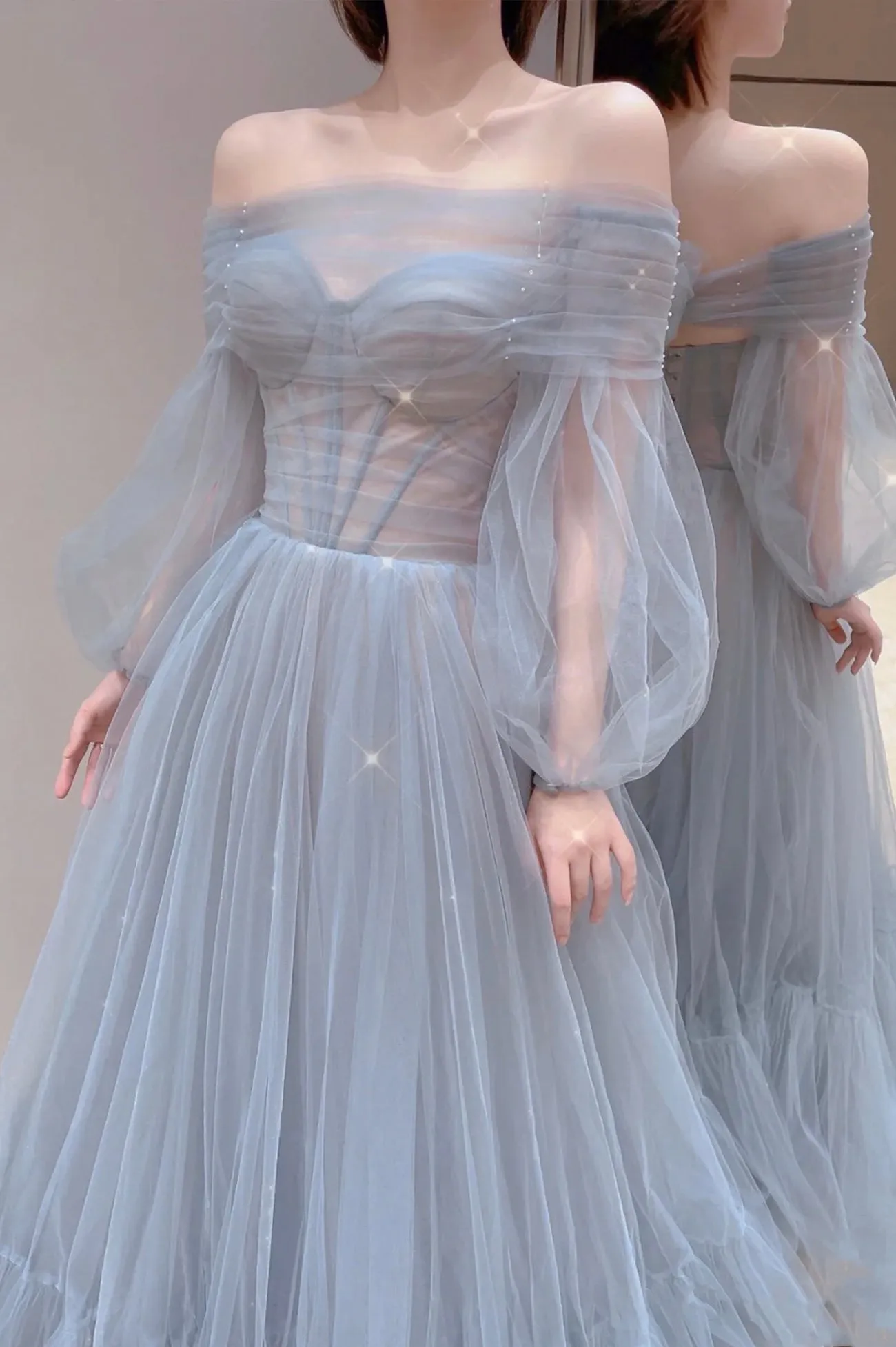 Blue Tulle Long Prom Dress, Beautiful Long Sleeve Tulle Evening Dress