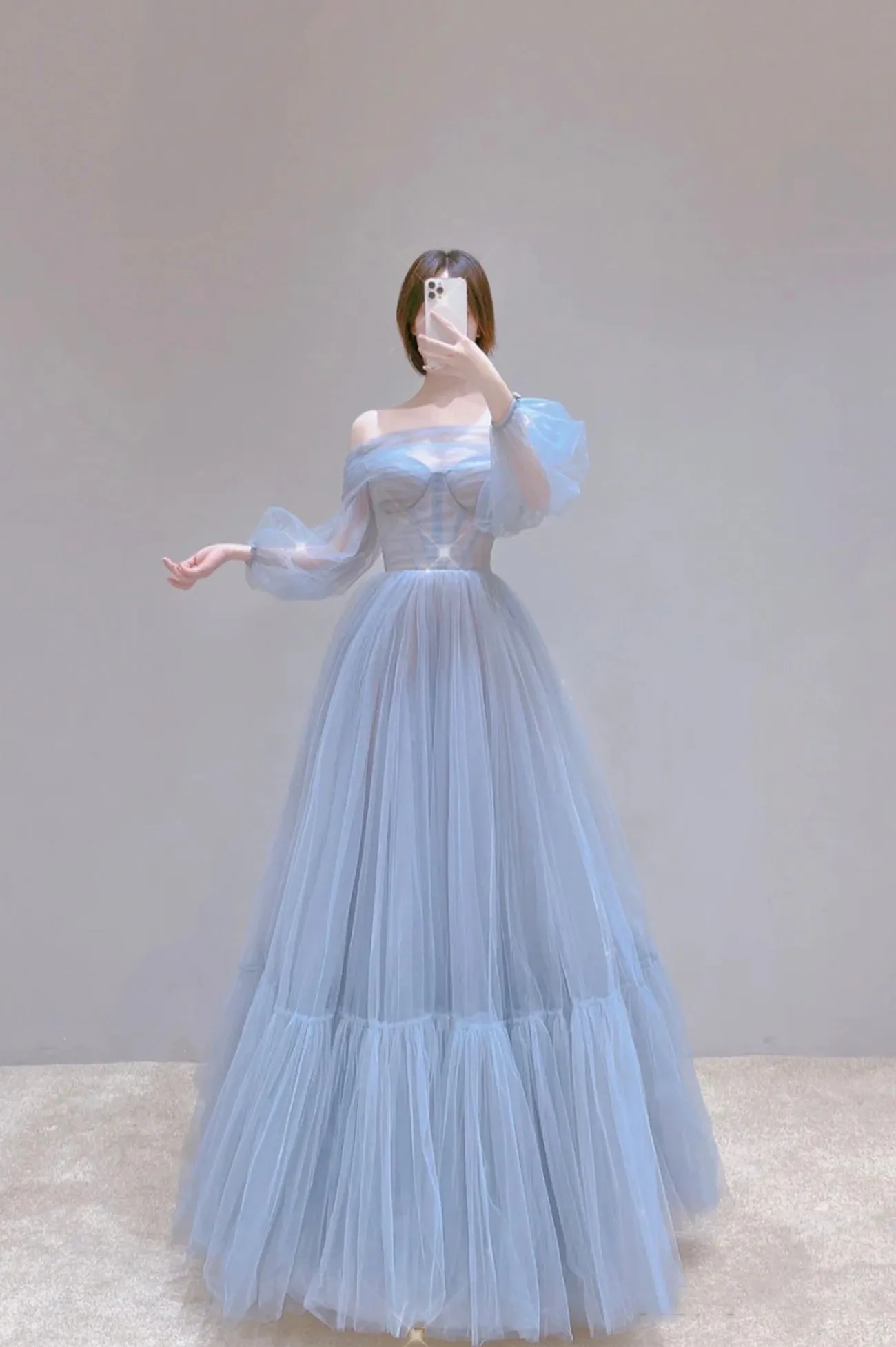 Blue Tulle Long Prom Dress, Beautiful Long Sleeve Tulle Evening Dress