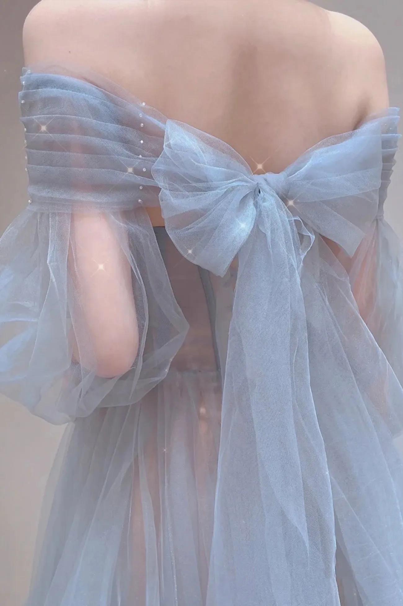 Blue Tulle Long Prom Dress, Beautiful Long Sleeve Tulle Evening Dress