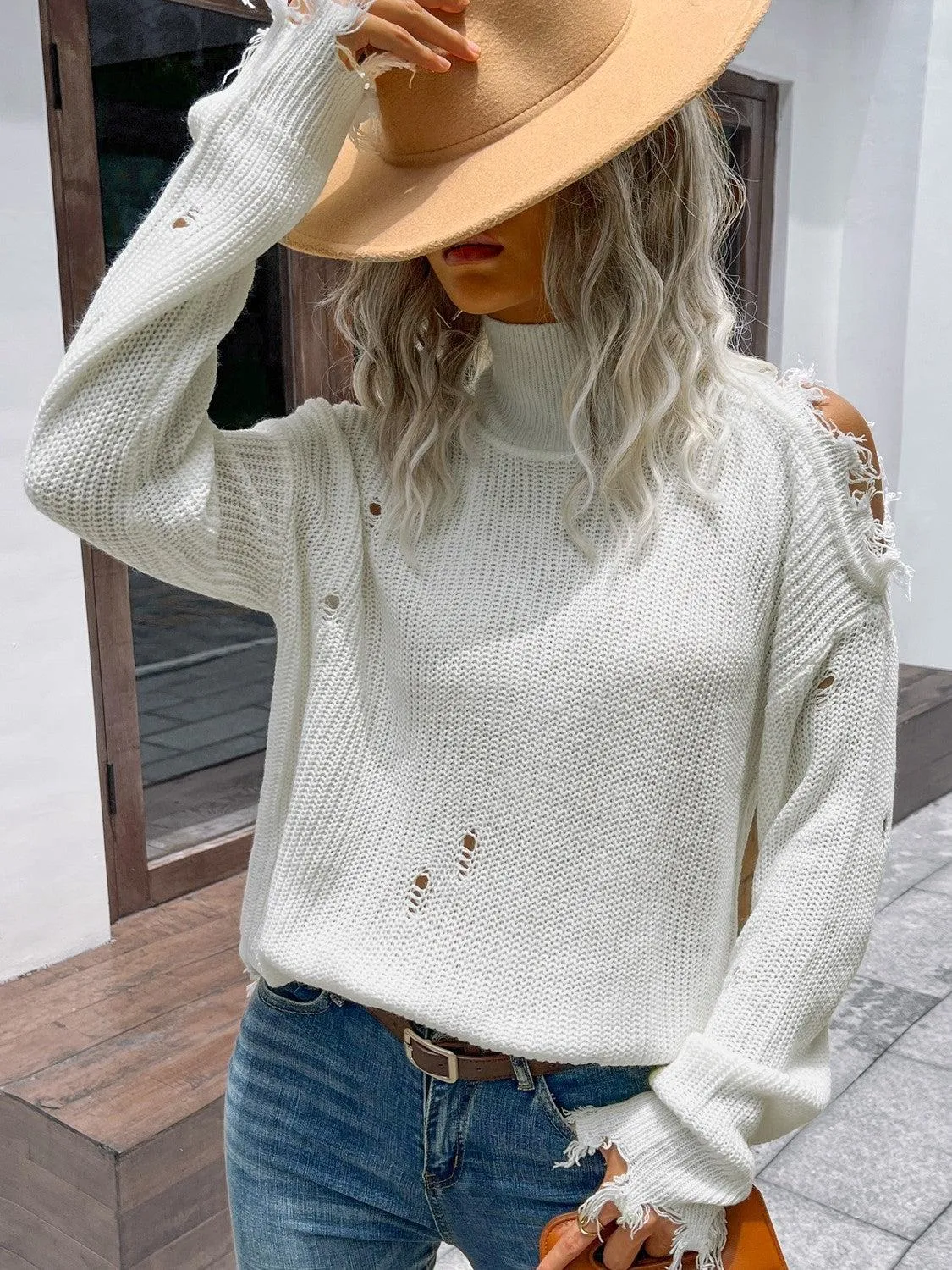 Blue Zone Planet |  Distressed High Neck Cold-Shoulder Sweater