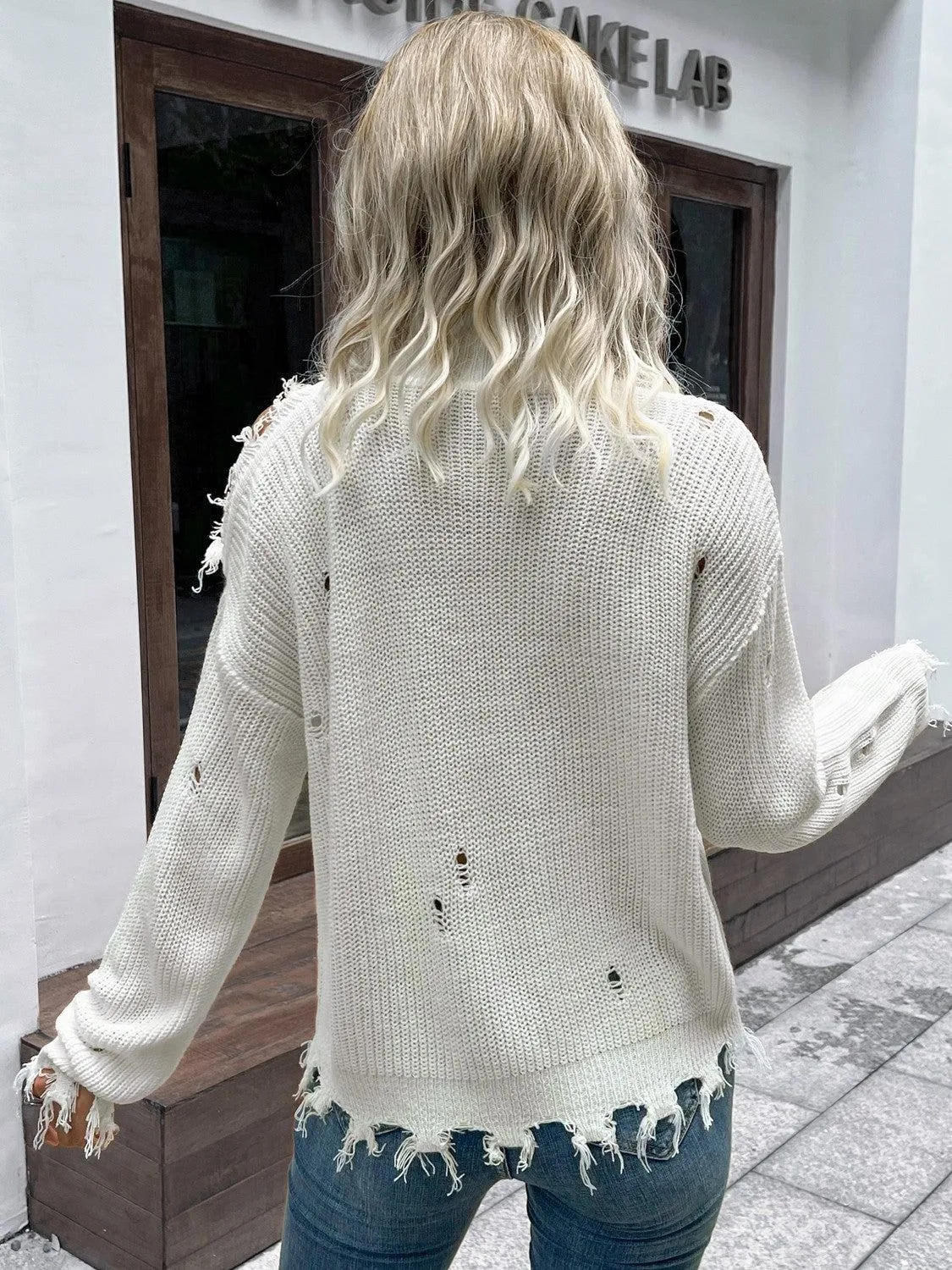 Blue Zone Planet |  Distressed High Neck Cold-Shoulder Sweater