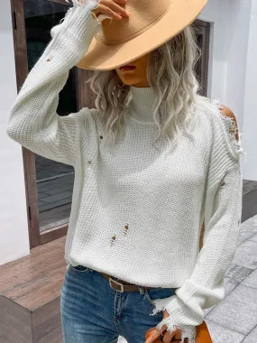 Blue Zone Planet |  Distressed High Neck Cold-Shoulder Sweater