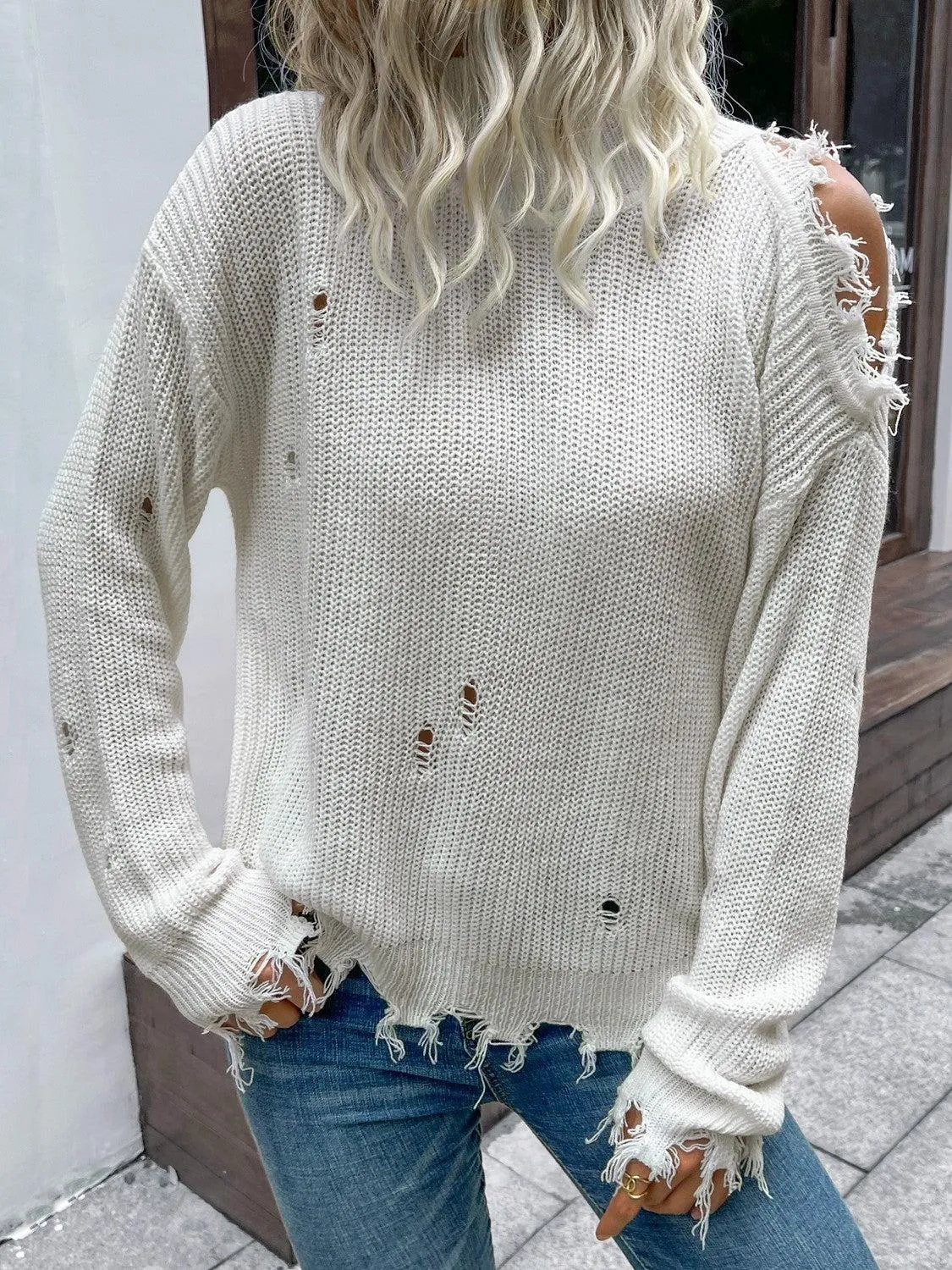 Blue Zone Planet |  Distressed High Neck Cold-Shoulder Sweater