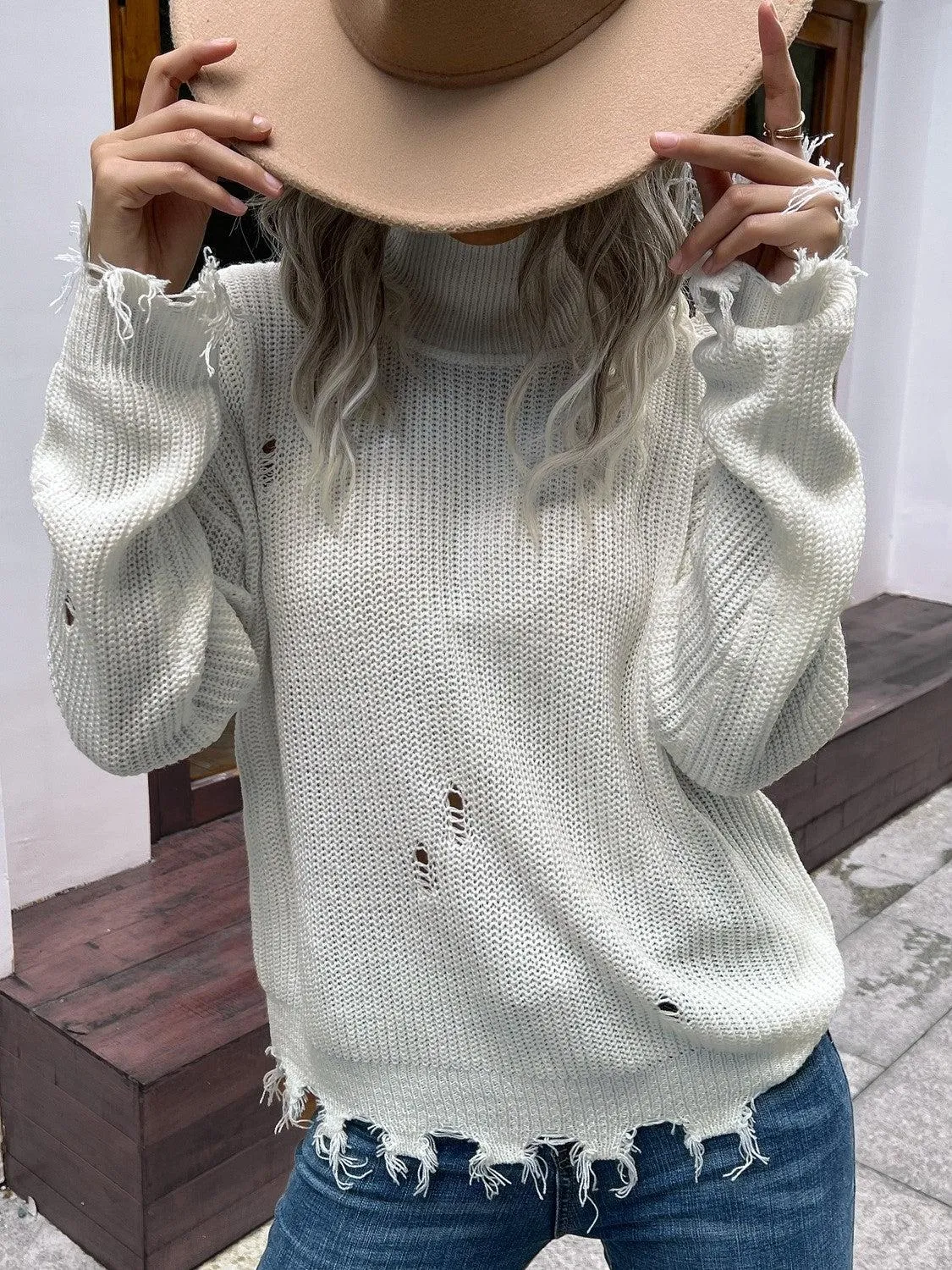 Blue Zone Planet |  Distressed High Neck Cold-Shoulder Sweater