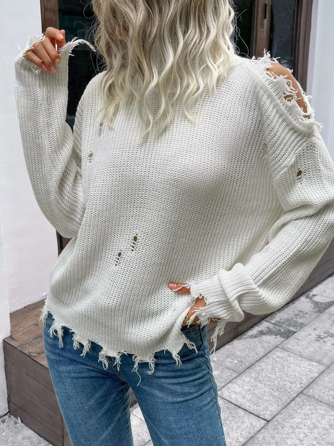 Blue Zone Planet |  Distressed High Neck Cold-Shoulder Sweater