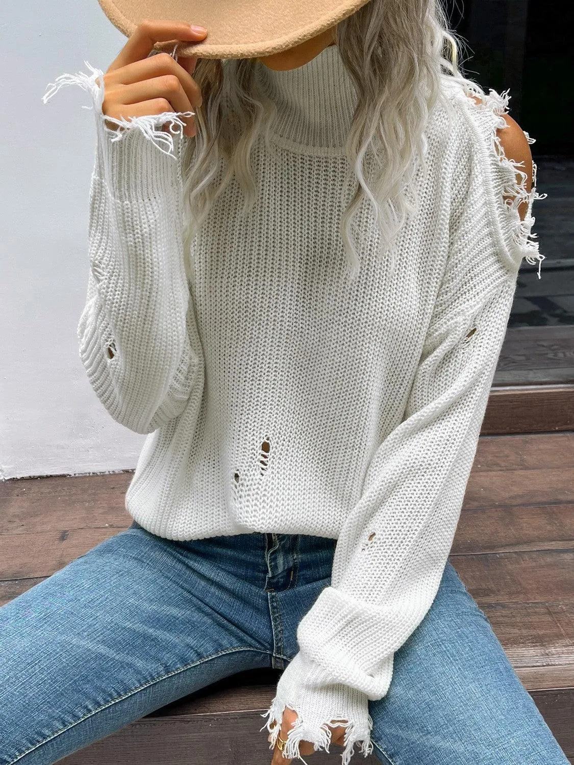 Blue Zone Planet |  Distressed High Neck Cold-Shoulder Sweater