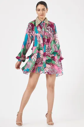 BURGUNDY PLUM FLORAL PRINTED SHIRT DRESS
