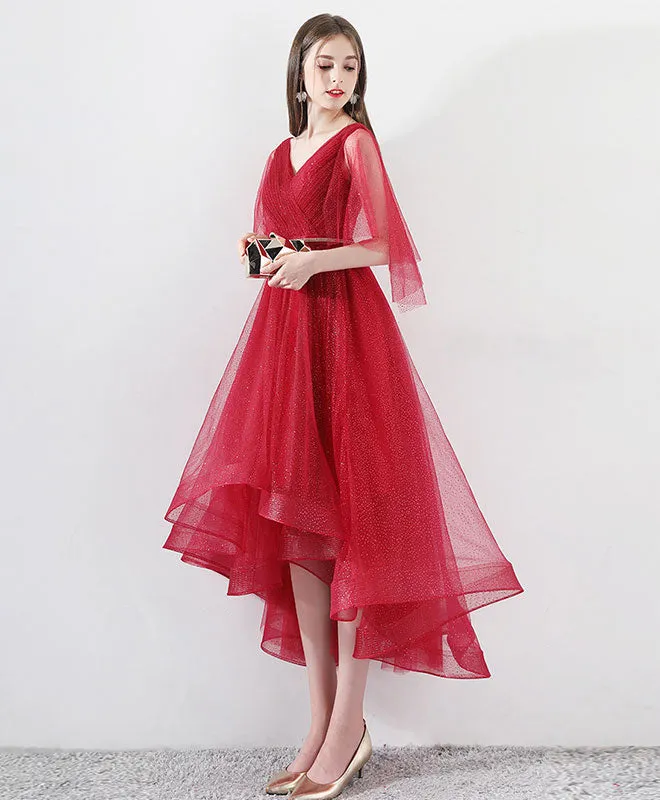 Burgundy Tulle High Low Prom Dress, Burgundy Tulle Evening Dress