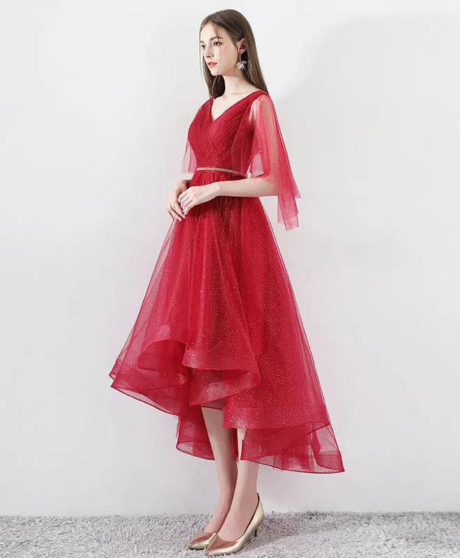 Burgundy Tulle High Low Prom Dress, Burgundy Tulle Evening Dress