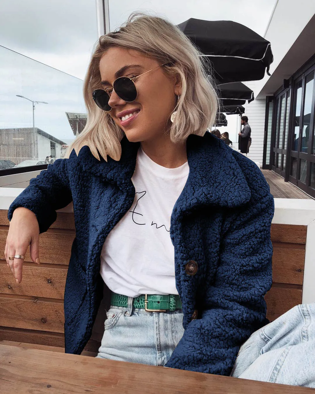 Buttons Lapel Solid Color Big Pockets Women Teddy Coat