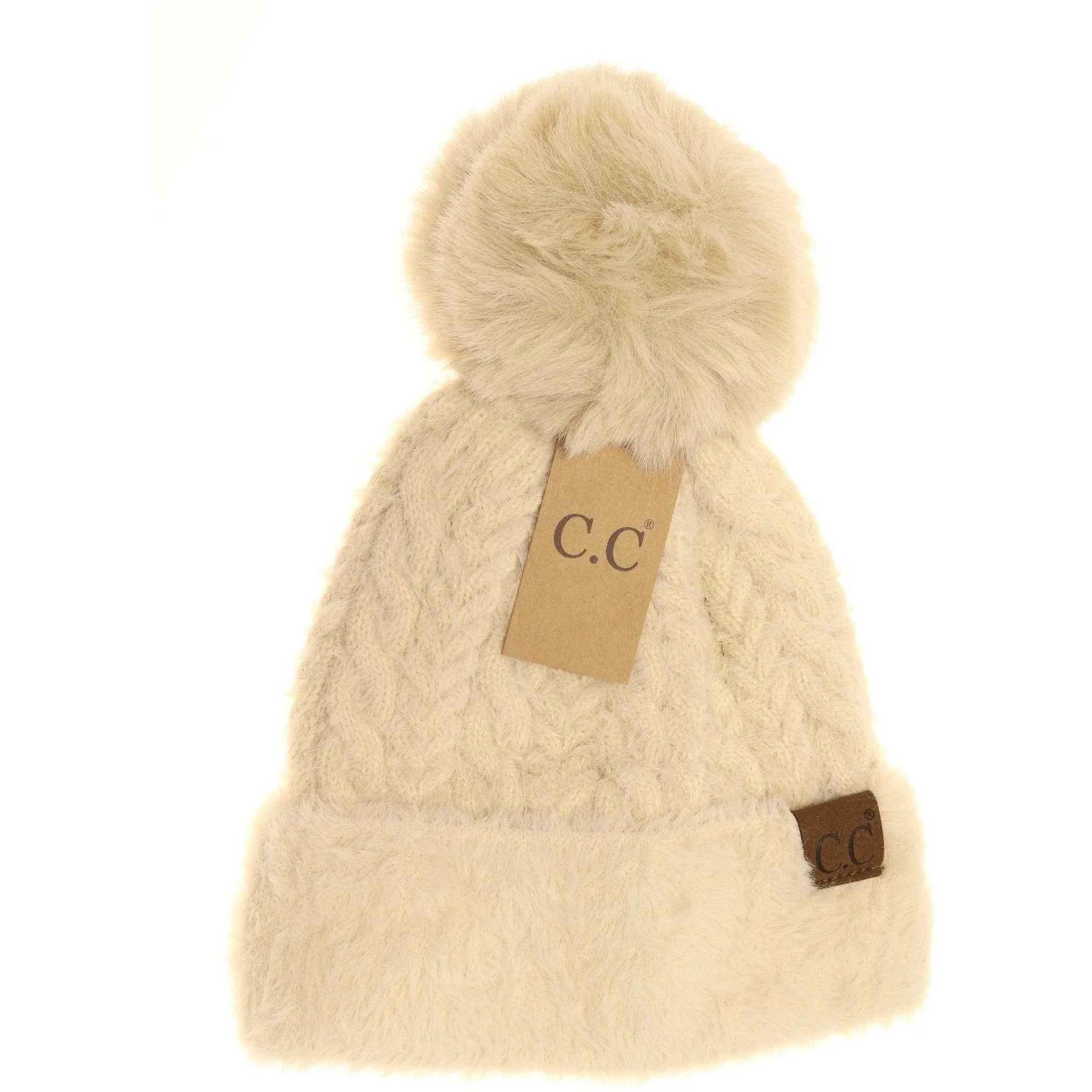 Cable Knit Faux Fur Pom and Cuff Beanie