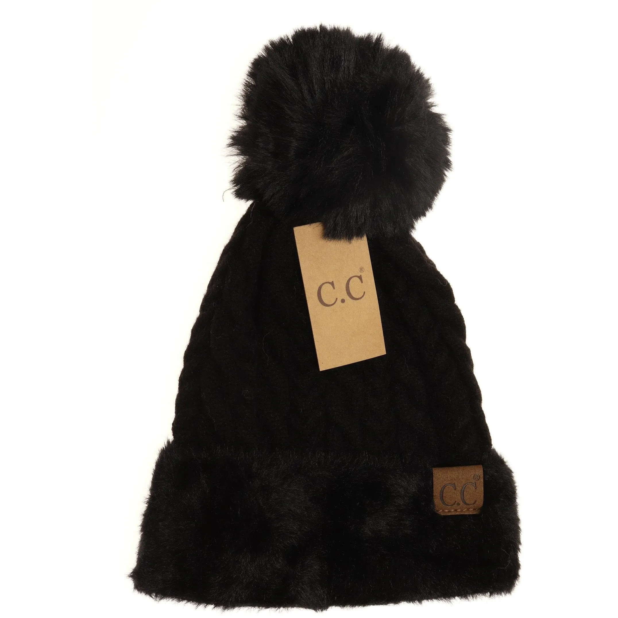 Cable Knit Faux Fur Pom and Cuff Beanie
