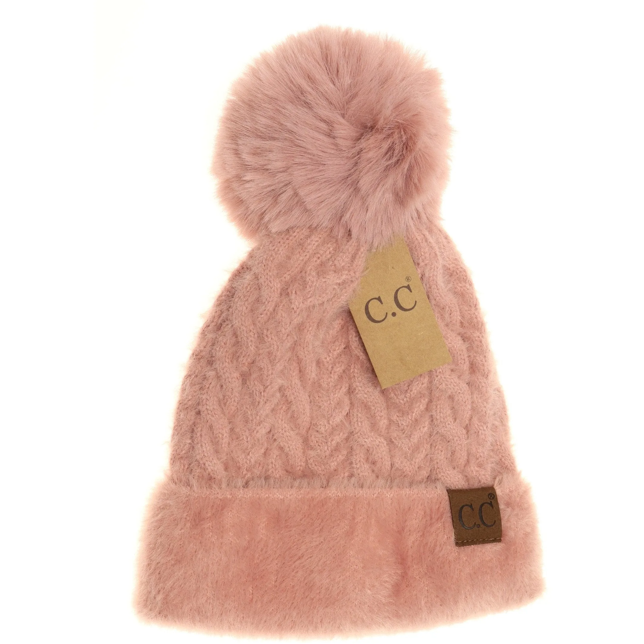 Cable Knit Faux Fur Pom and Cuff Beanie