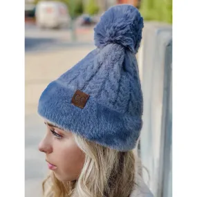 Cable Knit Faux Fur Pom and Cuff Beanie