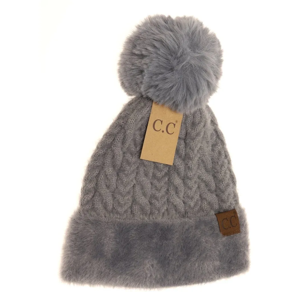 Cable Knit Faux Fur Pom and Cuff Beanie