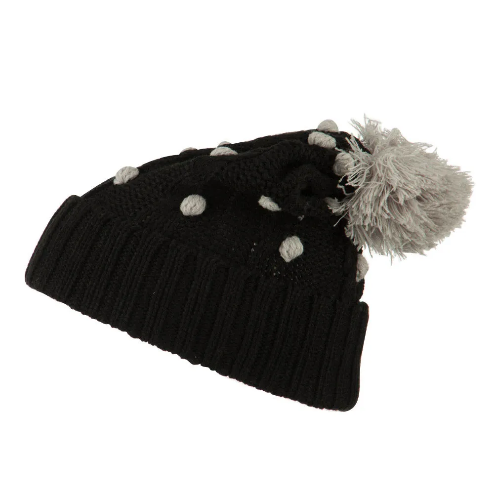Cable Polka Dot Pom Cuff Beanie