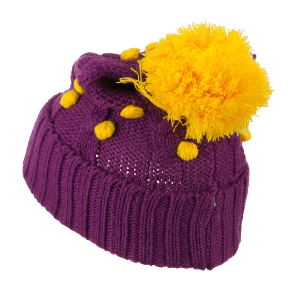 Cable Polka Dot Pom Cuff Beanie