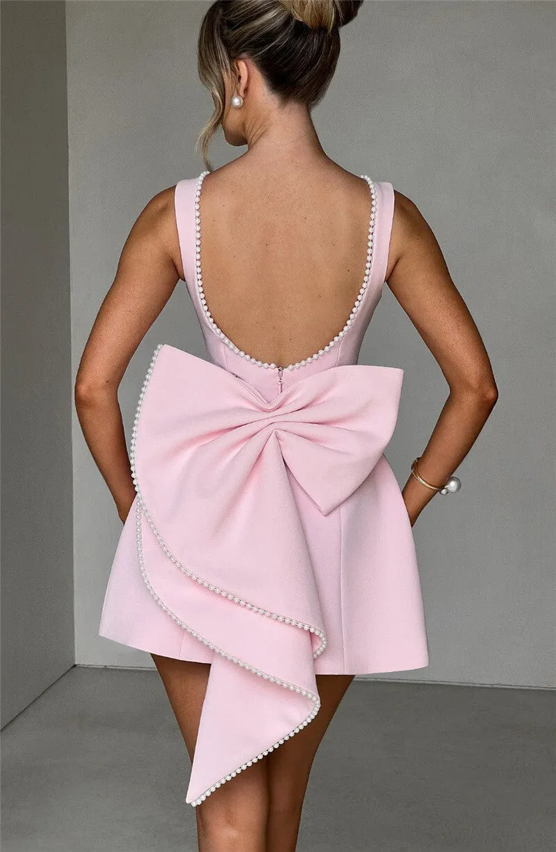 Chantal Pearl Bow Backless Sexy Mini Dress