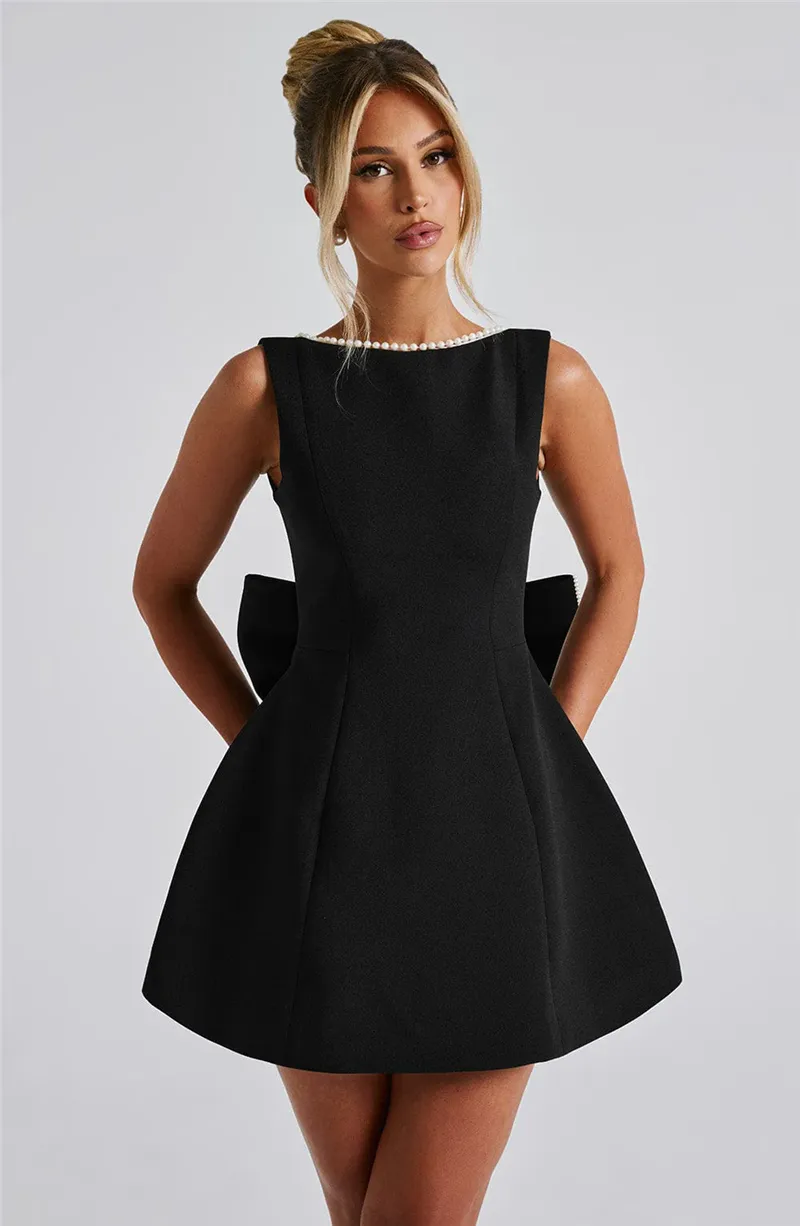 Chantal Pearl Bow Backless Sexy Mini Dress