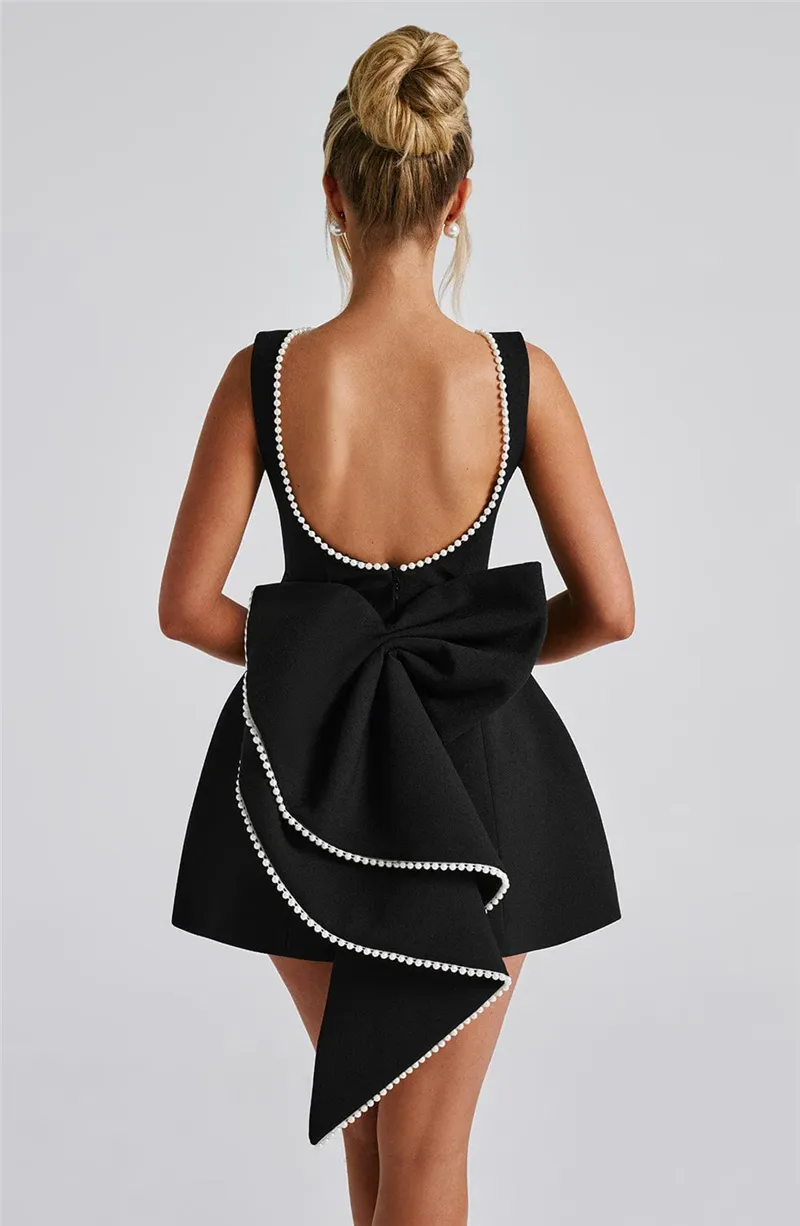 Chantal Pearl Bow Backless Sexy Mini Dress