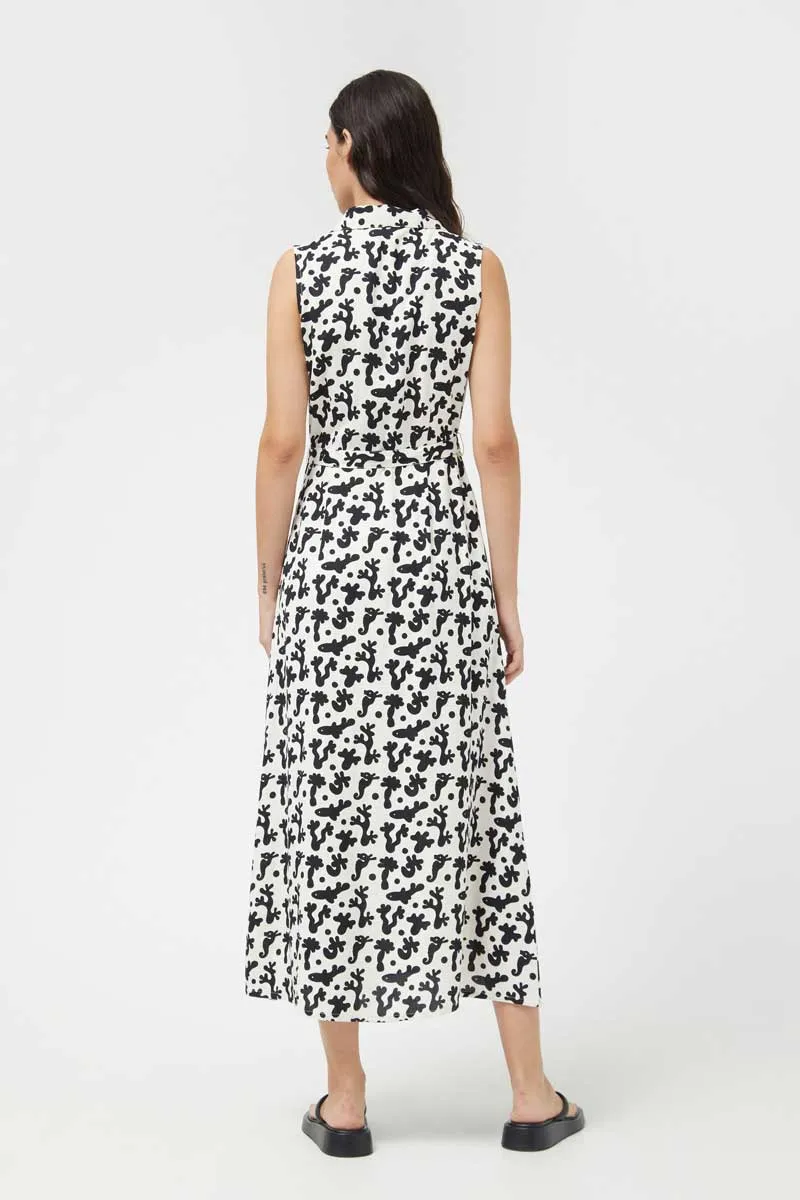 Compania Fantastica Black & White Coral Print Sleeveless Midi Shirt Dress