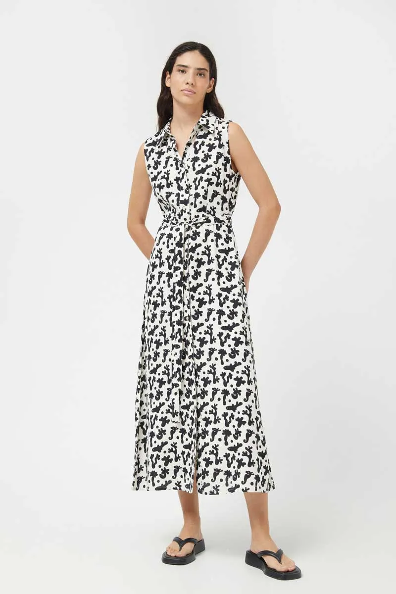 Compania Fantastica Black & White Coral Print Sleeveless Midi Shirt Dress