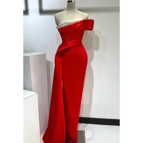 Couture & Ornate Off-Shoulder Cap Sleeves Ruched Side Slit Rhinestones Prom Dress