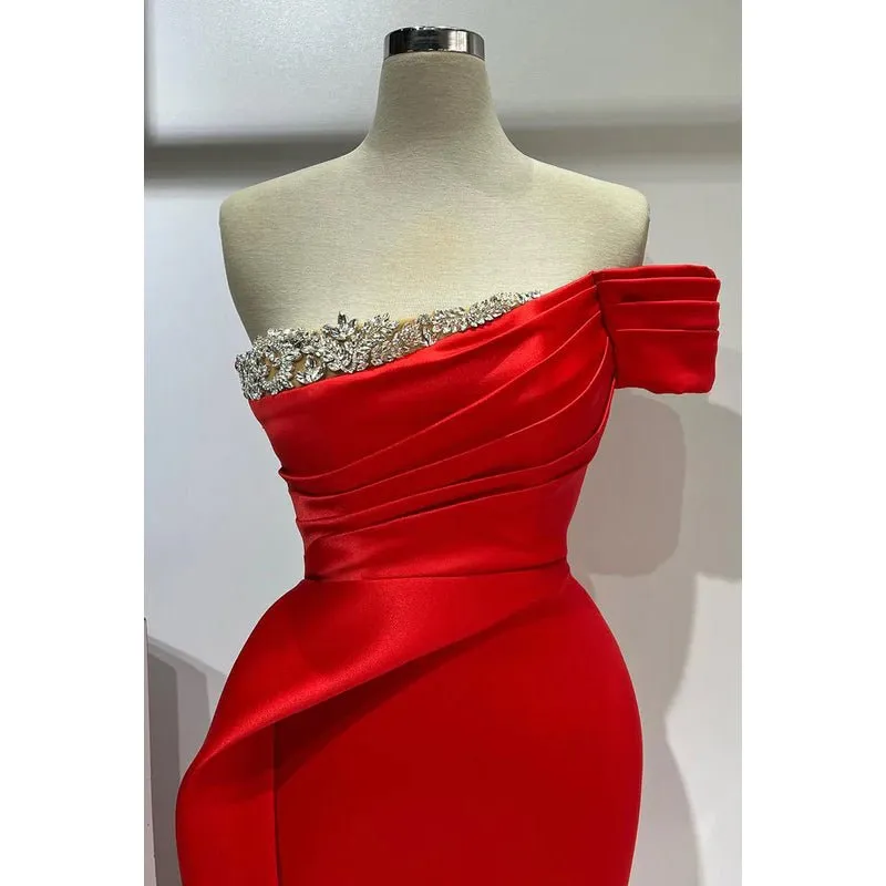 Couture & Ornate Off-Shoulder Cap Sleeves Ruched Side Slit Rhinestones Prom Dress